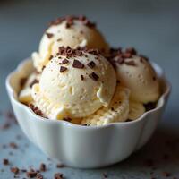 Scoops of Vanilla Ice Cream with Chocolate Shavings in Bowl photo