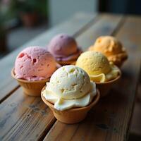 Colorful Ice Cream Scoops in Cups on Rustic Wooden Table photo