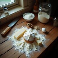 Preparing Pastry Dough with Flour, Butter, and Egg on Wooden Table photo