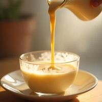 Pouring Creamy Liquid Into Glass Bowl on Plate photo