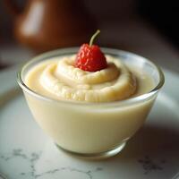 Creamy Dessert with Raspberry in Glass Bowl Close-up photo