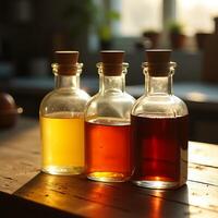 Bottles Filled with Liquid Colors on Rustic Table photo