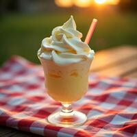 Serving of Frozen Dessert with Swirl Cream on Picnic Table photo