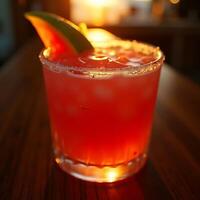 Refreshing Red Drink with Watermelon Slice on Bar Top photo