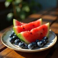 Serving Fresh Watermelon Slices with Blueberries on Plate photo