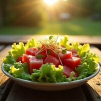 Serving Watermelon Salad with Greens under Sunny Sky photo