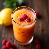 Making Fruit Juice with Raspberry and Lemon in Glass photo