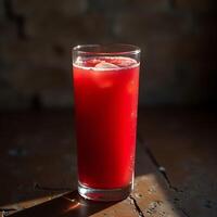 Refreshing Red Drink with Ice in Glass on Rustic Table photo