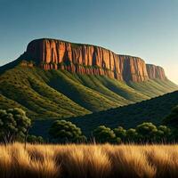 A painting of a mountain range with grass and trees photo