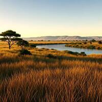 A river and grassy field with trees and water photo