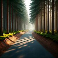 A road in the middle of a forest with trees photo
