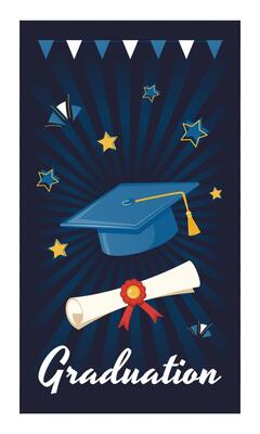 Graduation Hat, Bachelor Cap and Diploma Certificate with Stars on Dark Radial Background. Vertical Instagram Story Template. Graduation Celebration Concept for Banner, Card, and Invitation