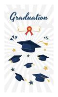 Graduation Caps, Hats and Diploma with Stars on Light Radial Background. Vertical Format for Social Media Story Template. Graduation Celebration Concept for Card, Banner, and Invitation vector