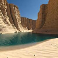 A river in the desert with a large canyon in the background photo