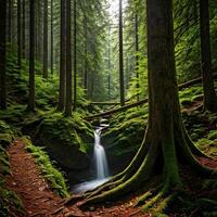 A waterfall flows through a forest in the middle of a green forest photo