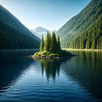 A small island in the middle of a lake surrounded by trees photo