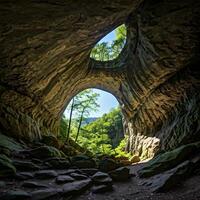 A cave with a large opening in the middle of it photo