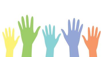 Many hands raised up in the air with different colors vector