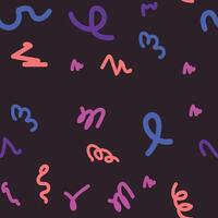 Seamless abstract background with playful hand-drawn squiggle shapes in bright colors over a dark black backdrop. vector
