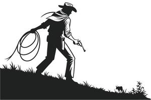 Silhouette of a Cowboy with Lasso and Gun on a Hillside vector