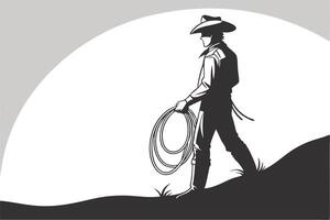 Cowboy Silhouette with Lariat Walking on a Hill vector