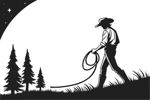 Silhouette of a Cowboy with Lariat at Night vector