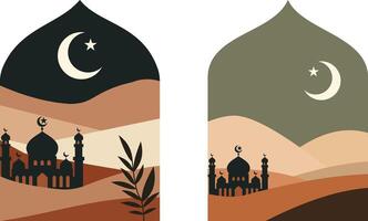Two arabic banners with a mosque and crescent moon vector