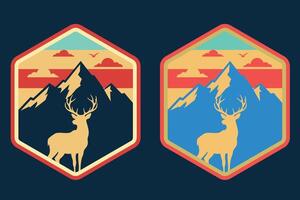 Retro Deer and Mountain Badge , Vintage Wilderness Adventure Patch Design vector