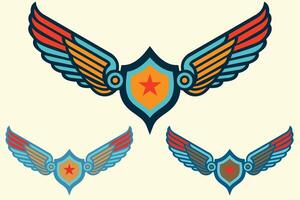 Retro Winged Badge Icon with Star Shield, Vintage Military Emblem Design vector
