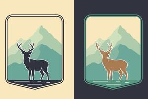Vintage Deer Badge with Mountain Background, Retro Wilderness Adventure Emblem Design vector