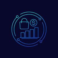 sales graph icon with a shopping bag, linear design vector