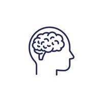 Neurology line icon on white, brain and human head vector