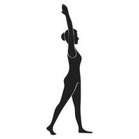 Black silhouette figures in various yoga poses such downward dog, cobra, warrior, lotus, pose on plain white background vector