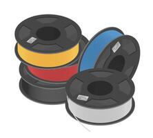 Assorted spools of 3D printer filament including PLA ABS TPU Carbon Fiber and Nylon in various vibrant colors for creative and technical hobby use vector