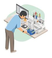 Person using an embroidery machine at a desk vector