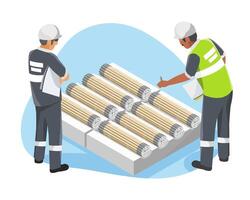 Construction workers inspecting material piles vector