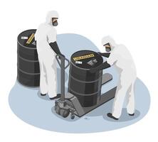 Workers moving uranium barrels safely vector