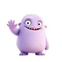 Cute purple fuzzy monster waving hello isolated on transparent background png