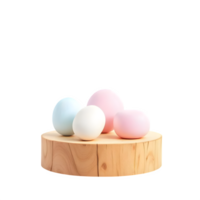 Pastel colored spheres on wooden display stand isolated on transparent background png