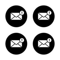 Error message icon set. Email with exclamation mark symbol on black circle. Warning sign on mail envelope vector
