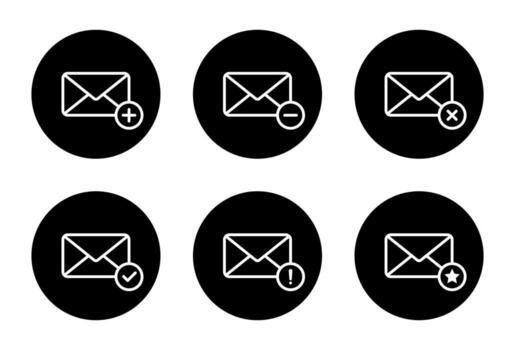 Message envelope, email icon set collection. Add, remove, delete, verified, error, and favorite mail symbol on black circle vector