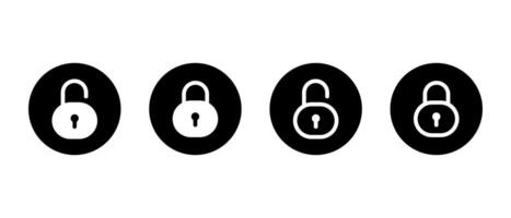 Unlock and lock icon set on black circle. Security padlock symbol. Data protection sign vector