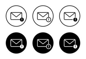 Error message notification icon on black circle. Email envelope with exclamation mark symbol. Warning mail sign vector