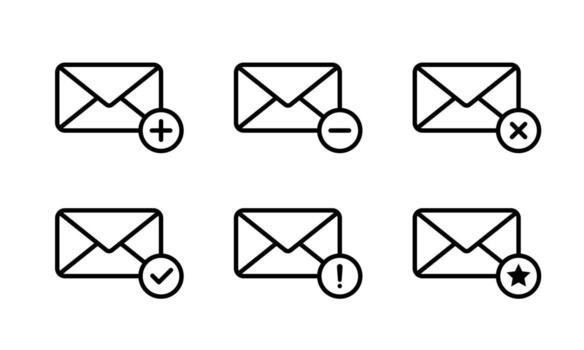 Message envelope, email icon set collection. Add, remove, delete, verified, error, and favorite mail symbol vector