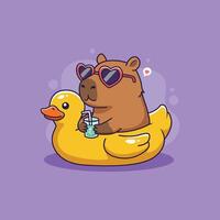 Capybara chilling on a rubber duck float with heart sunglasses. illustration vector