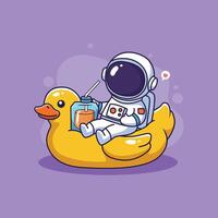 Cute astronaut relaxing on a duck float with juice vector