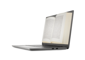 Open book displayed on laptop screen isolated on a transparent background. Stock photo. png