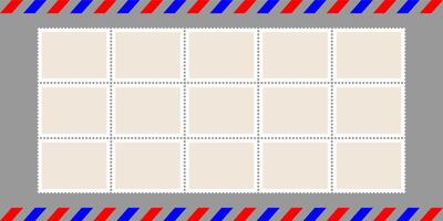 Postage stamp set, Postcard vintage seal, post letter, postcard sticker. Paper mail envelope, old travel mark. Square rectangular shape, vintage jagged. Perforated edges, air delivery border vector