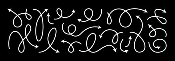 Arrow line set, Curved shape doodle brush element. Squiggly scribble direction up down abstract pointer. Change plan abstract stroke graphic sign. Curly circle looped spiral swirl map path vector
