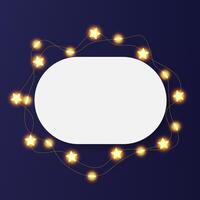 Horizontal oval picture frame, decorated with light bulb wreath string. White photo plate 3d rounded board, paper poster card on dark bg with festive star garland decor. Product podium top view vector